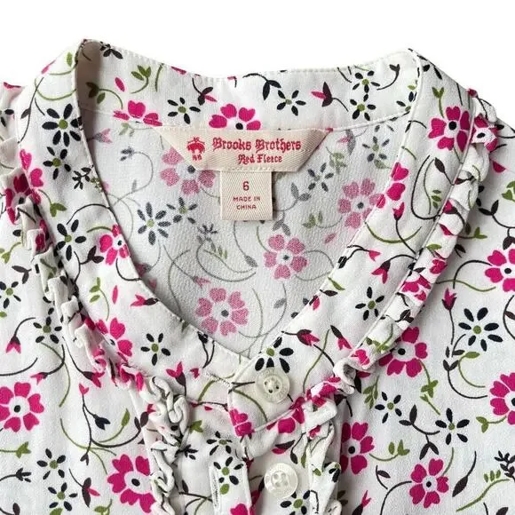 Brooks Brothers Red Fleece Floral White Pink Short Sleeve Flowy Blouse - Size 6 - Picture 3 of 11
